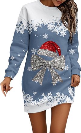 Generic Christmas Dresses for Women Ladies Christmas Dress Long Sleeve Jumper Dress for Women UK Round Neck Xmas Graphic Print Women Dresses Winter Casual Dre