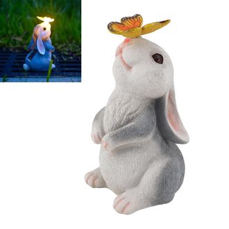 OEM Figura De Conejo De Jard&iacute;n Hecha De Resina, Luz Blanca C&aacute;lida (600 Mah), Con Mariposa Solar Y Luces De Colores Para Patio, C&eacute;sped Y Jard&iacute;n