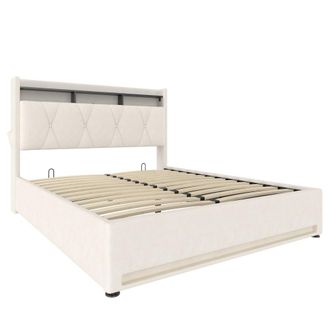 Urban Meuble Cama doble con almacenamiento terciopelo beige LED USB