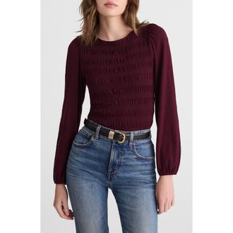 Madewell Smocked Boat Neck Long Sleeve Cotton Top in Dark Pomegranate at Nordstrom, Size Xx-Small