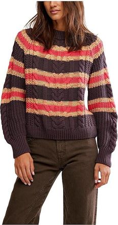 Free People Frankie Cable Striped Pullover Womens Sweater Chocolate Combo : LG (Womens 12-14), Cotton