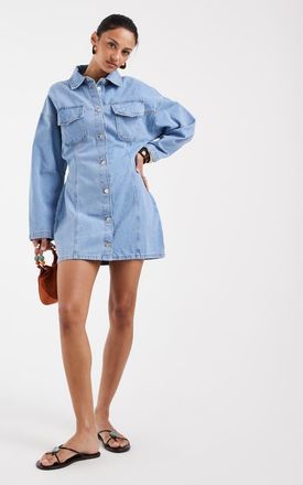 Asos Vestito camicia di jeans blu con cintura in vita-Bianco
