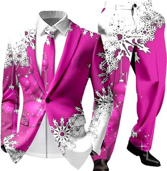 Generic Mens Suits Christmas Cute Cartoon Reindeer Snowflake Color Blovk Printed Coats and Trousers 2 Piece Sets Slim Fit Classic Xmas Holiday Jackets Novelty