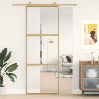 vidaXL Puerta Corredera Dorada De Vidrio Esg Transparente Y Aluminio Vidaxl