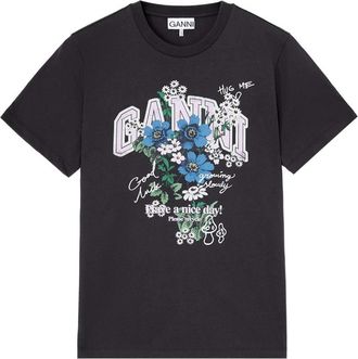 Ganni T-shirt Met Bloemen - Dames - T-shirts - Zwart - XS - Katoen - Tops