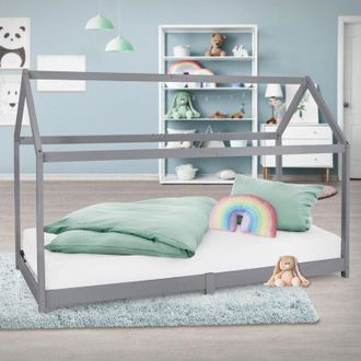 ML Design Cama Infantil 90x200cm Con Techo Y Somier Estructura Listones De Madera De Pino Maciza Gris Claro Forma De Casita Dise&ntilde;o Creativo Mueble De Dormitorio