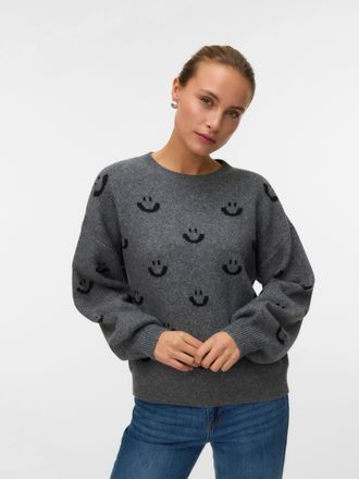 Vero Moda Strickpullover VERO MODA AWHEART LS O-NECK KNIT NOOS, Damen, Gr. M, dunkelgrau melange aop:smiley schwarz, Strick, Obermaterial: 58% Polyester, 38% Po