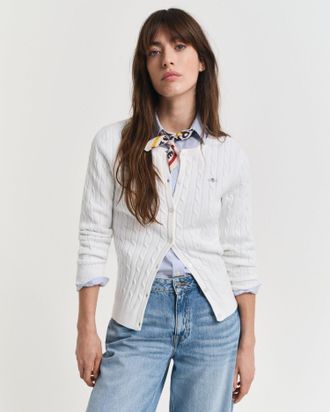 GANT Women Stretch Cotton Cable Knit Cardigan (XXL) EGGSHELL