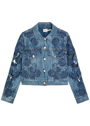 Alice & Olivia Chloe Embroidered Cut-out Denim Jacket - Blue - S (UK8-10 / S)
