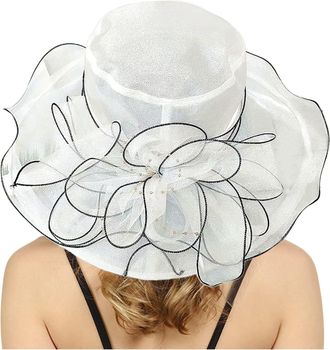 Generic Organza Wide Brim Wedding Hats Womens Sun Hat Ladies Bridal Summer Gauze Cap for Church Floral Bride Party Elegant Large Ladies Fedoras Clear One Size
