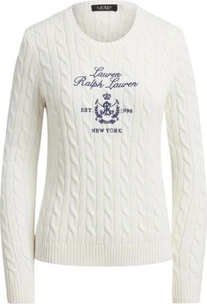 Ralph Lauren Geborduurde Kabeltrui met Wapen - Dames - Ronde hals truien - Wit - L - Katoen - Truien & Vesten