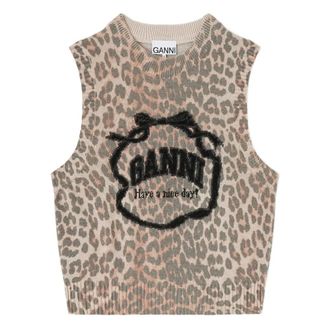 Ganni Sleeveless Tops, female, Beige, Size: S Crew Neck Vest