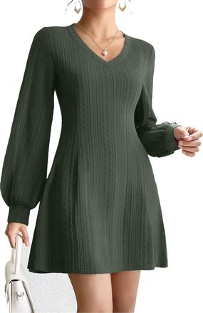Zeagoo Autumn Dresses for Women Elegant Princess Line Tunic Dress V Neck Long Lantern Sleeve Jumper Dress Christmas Dark Green XXL