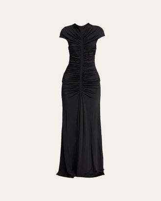 Giorgio Armani Ruched Cap-Sleeve Rhinestone Gown