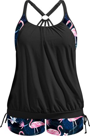 Holipick Plus Size Tankini Swimsuits for Women Two Piece Tummy Control Bathing Suit Blouson Tankini Top with Shorts, Black With Flamingo, 28 Plus