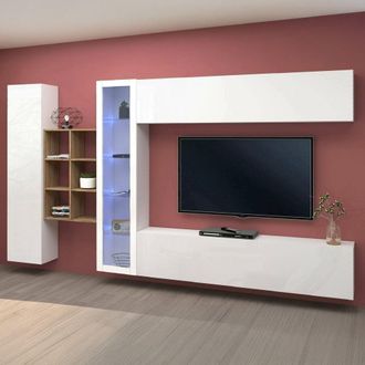Dmora Pared Equipada Dcavio, Conjunto De Sal&oacute;n Mueble De Tv Con 4 Puertas, Mueble De Sal&oacute;n Polivalente Con Vitrina Y Luz Led, 100% Made In Italy, Cm 280x30h