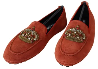 Dolce & Gabbana Orange Leather Crystal Crown Loafers Mens Shoes