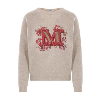 Max Mara Round-neck Knitwear, female, Beige, Size: XS Beige Sweater with M Monogram
