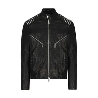Dsquared2 Leather Jackets, male, Black, Size: 2XL Zip-Up Long-Sleeved Biker Jacket