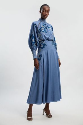 Karen Millen Womens Petite Balloon Sleeve Embroidered And Beaded Woven Maxi Dress - Blue - Size 12 UK