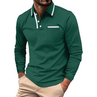 Generic Long Sleeve Polo Shirt Mens with Pocket Cotton Denim Collar Golf Tops Mens Stylish Polo Cotton Long Sleeve Contrasting Color Regular Top Golf Shirt Ca