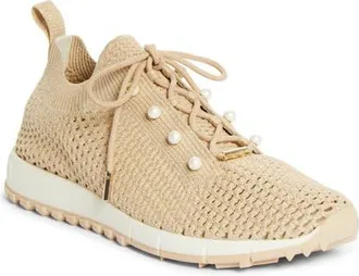 Jimmy Choo London Veles Faux Pearl Shimmer Knit Sneaker in Light Soft Gold Mix at Nordstrom, Size 38.5