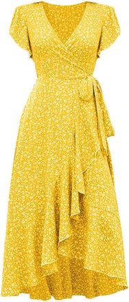 Generic Black Dress for Women Summer Dresses for Women UK 2025 Boho T-Shirt Dress Vintage Printed Solid Colour V-Neck Ruffled Hem Flowy Outdoor Strolling Mini