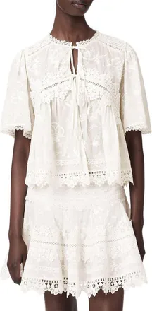 AllSaints Lillith Floral Embroidered Lace Trim Tie Front Top in Dove White at Nordstrom, Size 10