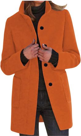 Generic Womens Button Down Trench Coats Wool Blend Stand Collar Pea Coat Casual Slim Fit Long Sleeve Dressy Jackets Orange