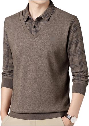 Generic Mens Fleece Shirt Sweater Lapel Striped Winter Warm Shirt Fake Two-Piece Long-Sleeved Sweater Coffee