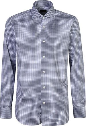 Barba Geruite Casual Overhemd met Franse Kraag - Heren - Casual Overhemden - Blauw - 5XL - Katoen - Overhemden