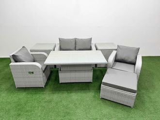 Fimous Light Grey PE Wicker Rattan Garden Furniture Set Sofa Set Reclining Chair Adjustable Lifting Dining or Coffee Table 5 Seater w/ Footstool 2