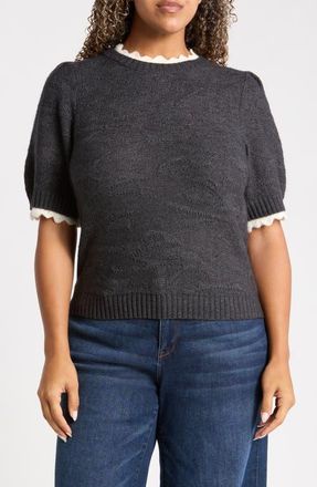 Wit & Wisdom Scallop Trim Puff Sleeve Sweater in Charcoal/ecru at Nordstrom, Size 3X