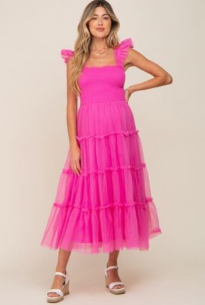 Pinkblush Smocked Mesh Ruffle Accent Midi Dress in Fuschia at Nordstrom, Size X-Large