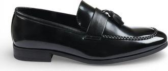 Infinity Leather Mens Black Tassel High-Gloss Patent Faux Leather Formal Loafers Shoes