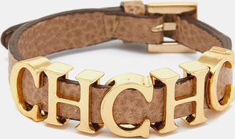Carolina Herrera Beige Leather Logo Charm Bracelet