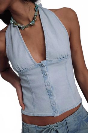 Free People Ramona Denim Halter Top In Light Sky Blue