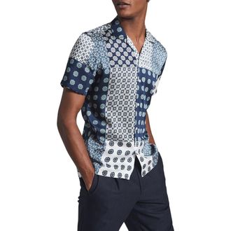 Reiss Jamie Patchowork Mix Print Short Sleeve Button-Up Shirt in Blue at Nordstrom Rack, Size X-Large