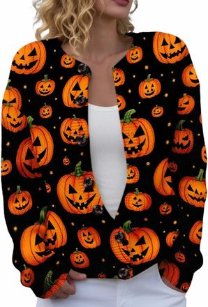 Generic Halloween Tops for Women UK Halloween Cardigan for Women UK Plus Size Funny Pumpkin Ghost Jumper Lightweight Long Sleeve Button Down Knitted Sweaters 