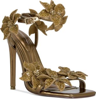 Azalea Wang Romi Floral Ankle Strap Sandal in Bronze at Nordstrom, Size 6.5