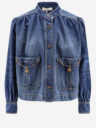 Chlo&eacute; denim jack met ruches kraag en hoge hals