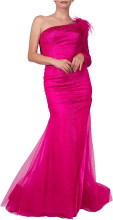 Colors Dress One Shoulder Mesh Long Sleeve And Feathers Mermaid Gown In Hot Pink