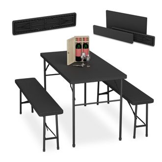 Relaxdays Conjunto Jard&iacute;n Plegable, 3 Piezas, Mesa De Exterior, 2 Bancos Patio, Camping O Recepci&oacute;n, Efecto Rat&aacute;n, Negro - Relaxdays