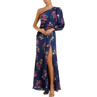 Mac Duggal Womens Floral One-Sleeve Charmeuse Gown with Slit in Navy Floral at Nordstrom, Size X-Large