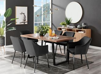 Furniturebox Kylo Large Brown Wood Effect Dining Table & 6 Calla Black Leg Velvet Chairs