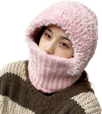 Generic 3 in 1 Beanie Hat with Scarf and Mask,Womens Outdoors Windproof Scarf Hat,Warm Winter Balaclava Knitted Mask Cap for Women Pink