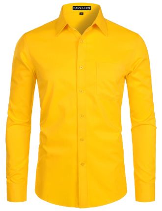 PARKLEES Mens Long Sleeve Dress Shirt Solid Slim Fit Casual Business Formal Button Up Shirts with Pocket Yellow 2XL
