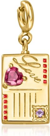 Ross-Simons 18kt Gold Over Sterling Reversible Paris Postcard Charm With. Rhodolite Garnet, Red Enamel and Single Amethyst