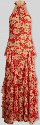 Lauren Ralph Lauren K&ouml;rpernahes Neckholder Abendkleid mit Volants in Rot, Gr&ouml;&szlig;e 34