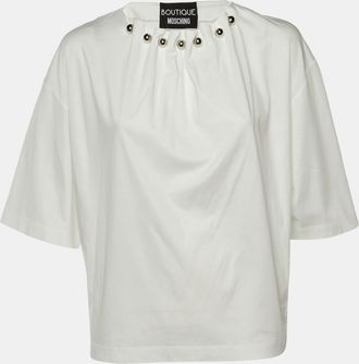 Moschino Boutique Moschino White Cotton Knit Pleated Neck T-Shirt